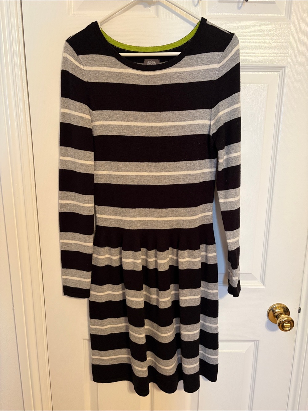 Vince Camuto Black and Gray Striped Long Sleeve Knit Dress